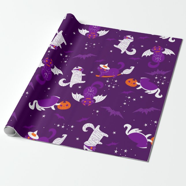lila Halbwal-Katzen Mummy Vampire Fledermaus Hexe Geschenkpapier (Ungerollt)