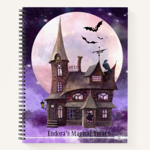 Lila Halloween-Altes-Haus-Fledermäuse-Vollmond-Rez Notizbuch