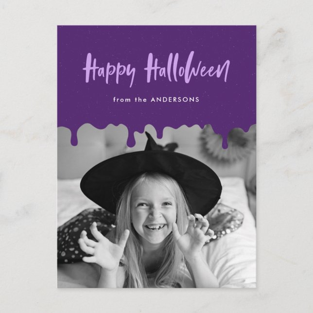 Lila Halloween-Foto treiben Feiertagspostkarte (Vorderseite)