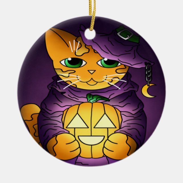 Lila Halloween Hexenkatze Keramik Ornament (Vorne)