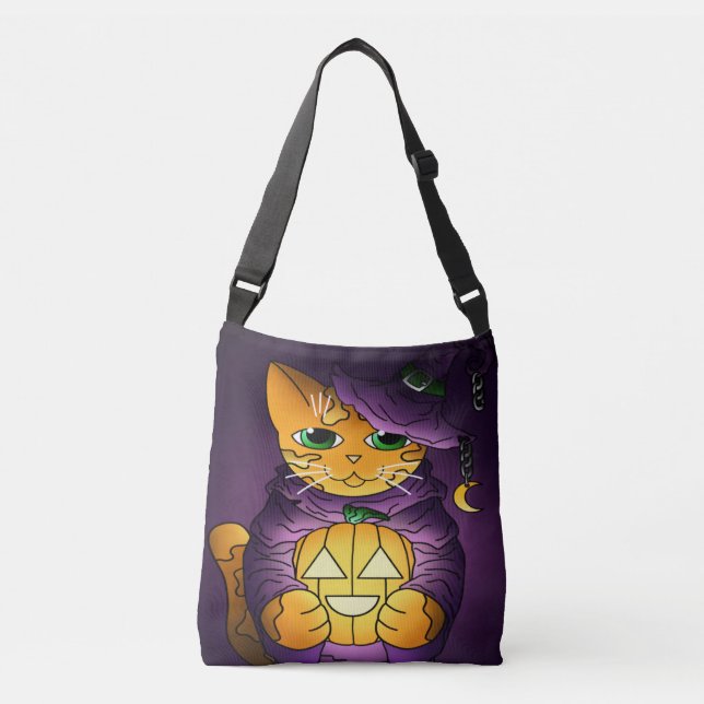 Lila Halloween Hexenkatze Tragetaschen Mit Langen Trägern (Vorderseite)