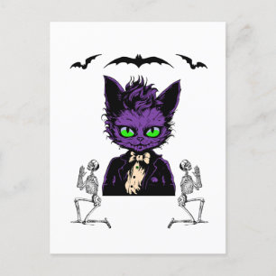 Lila Halloween Katze mit Fledermäusen und Skelette Postkarte