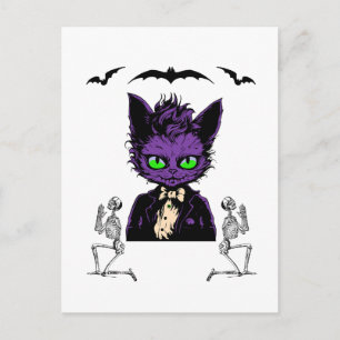 Lila Halloween-Katze mit Fledermäusen und Skelette Postkarte