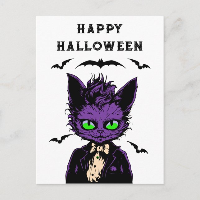 Lila Halloween-Katze Postkarte (Vorderseite)