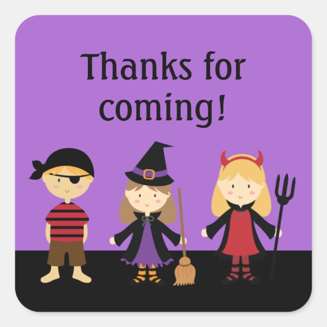 Lila Halloween Kids Party Vielen Dank Quadratischer Aufkleber (Vorderseite)