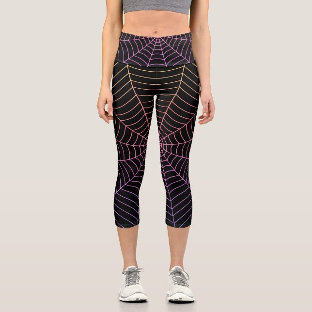Lila Halloween-Muster aus Spinnennetz Capri Leggings (Vorderseite)