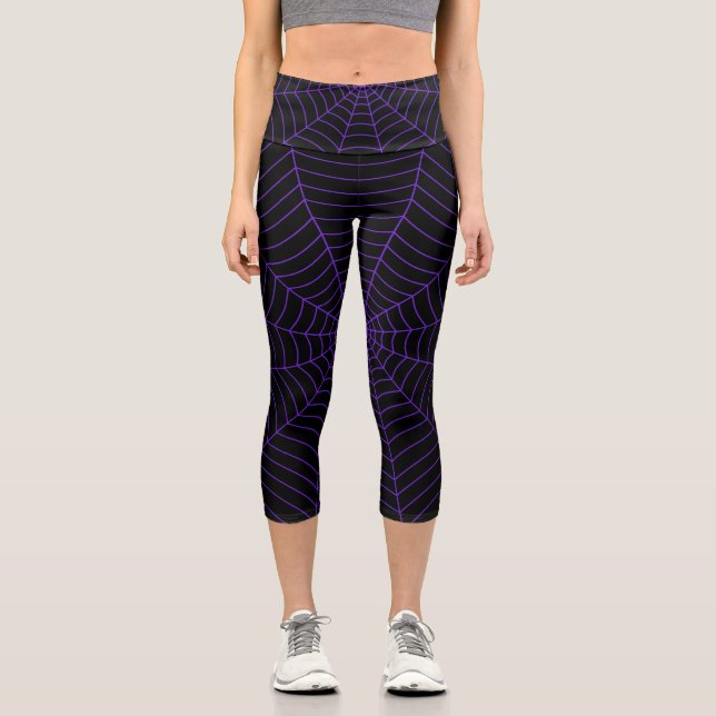Lila Halloween-Muster aus Spinnennetz Capri Leggings (Vorderseite)