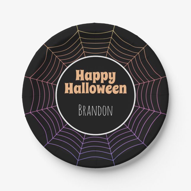 Lila Halloween-Muster aus Spinnennetz Pappteller (Vorderseite)