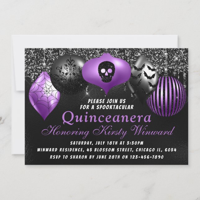 Lila Halloween-Ornamente Quinceanera Einladung (Vorderseite)