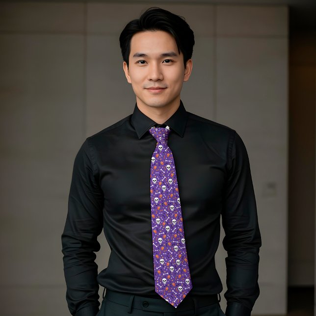 Lila Halloween-Skull-Bone-Coffetmuster Krawatte (Von Creator hochgeladen)