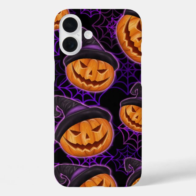 LILA HALLOWEEN SPIDER WEBS UND ORANGE PUMPKINS iPhone 16 PLUS HÜLLE (Rückseite)