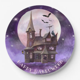 Lila Halloween Spuk Hausratten Vollmond Pappteller