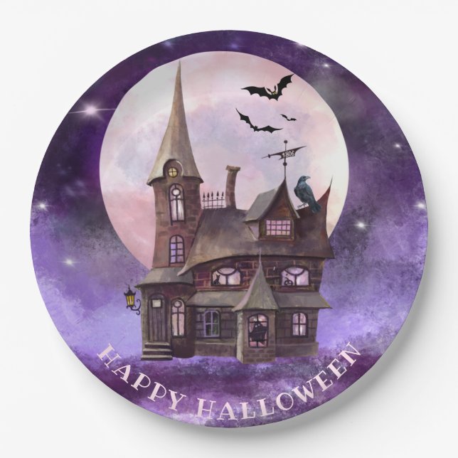 Lila Halloween Spuk Hausratten Vollmond Pappteller (Vorderseite)