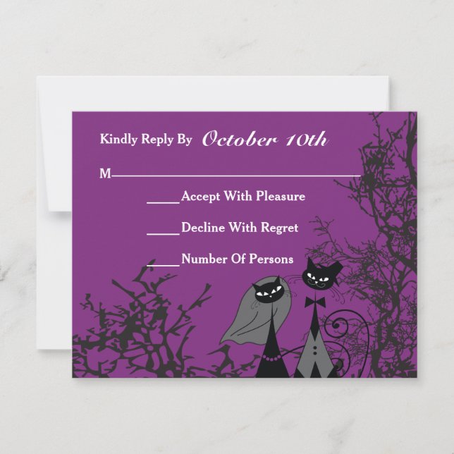 Lila Hallowing Cats Wedding RSVP Card Karte (Vorderseite)