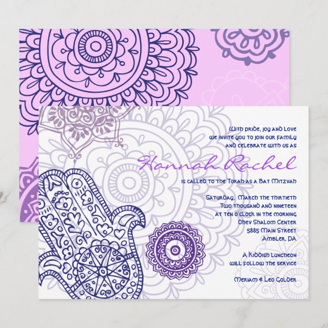 Lila HAMSA HAND GOD Bat Mitzvah Einladung (Vorne/Hinten)