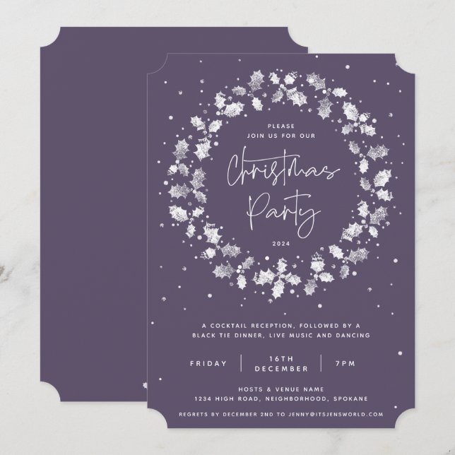 Lila Händdruck Holly Wreath Weihnachts-Party Einladung (Vorne/Hinten)