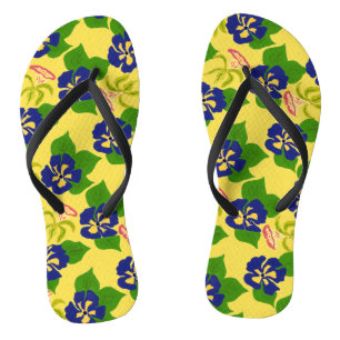 Lila handgestrichene Blume auf Gelb Flip Flops