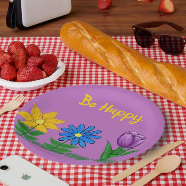 Lila handgestrichene, gelbblaue Blume Pappteller (Picknick)