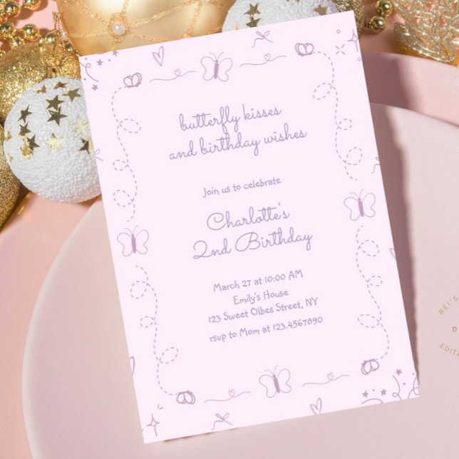 Lila Handgezogener Schmetterling Geburtstag Whimsi Einladung (Purple Butterfly Birthday Invitation, Whimsical Butterfly Birthday, Hand drawn Butterflies, Handwrit)