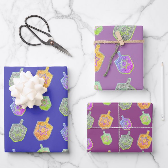 Lila Hanukkah-Dreidelsbänke Geschenkpapier Set (Vorderseite)