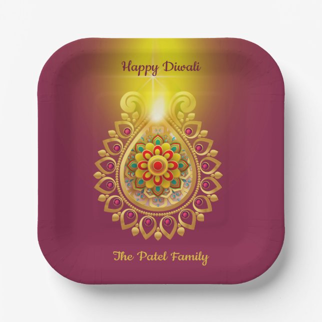 Lila Happy Diwali Papierplatte Pappteller (Vorderseite)