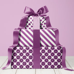 Lila Happy Face Streifen und Punkte Geschenkpapier Set