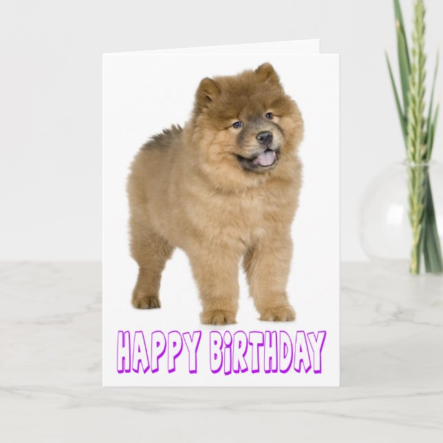 Lila Happy Geburtstagskas, brauner Welpenhund Karte (Vorderseite)
