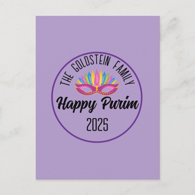 Lila Happy Purim Feather Mask Postkarte (Vorderseite)