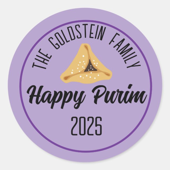 Lila Happy Purim Hamentashen Classic Round Stick Runder Aufkleber (Vorderseite)