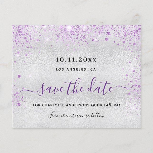 Lila Haushalt auf der Quinceanera Save the Date Flyer (Vorne)