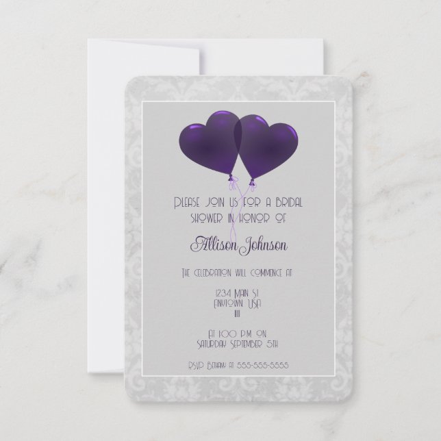 Lila Heart Balloons Bridal Dusche Einladung (Vorderseite)