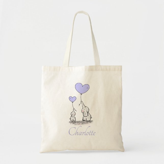Lila Heart Balloons Girl Elephant Baby Dusche Tragetasche (Vorne)