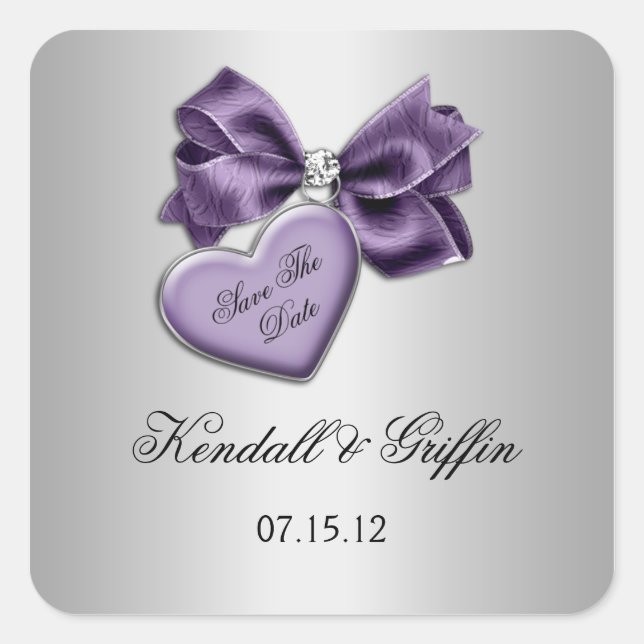 Lila Heart Bow Diamonds Silver Save the Date Quadratischer Aufkleber (Vorderseite)