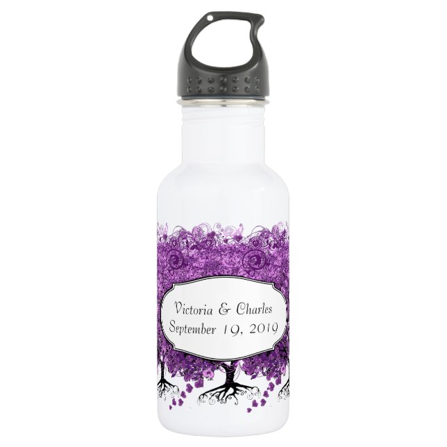 Lila Heart Leaf Tree Wedding Edelstahlflasche (Vorderseite)