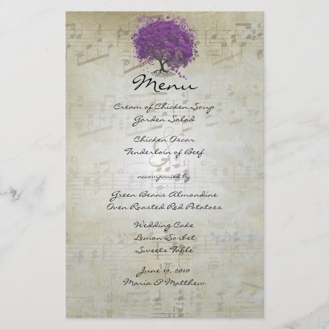 Lila Heart Leaf Tree Wedding Menü (Vorderseite)