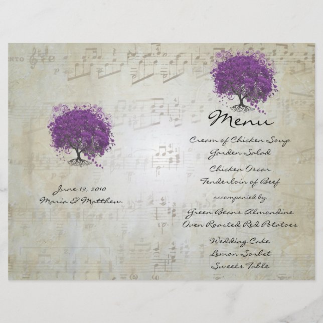Lila Heart Leaf Tree Wedding Menü (Vorderseite)