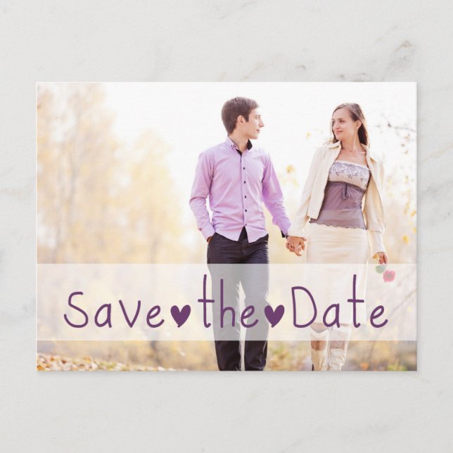 Lila Hearts Foto Save the Date Ankündigungspostkarte (Vorderseite)