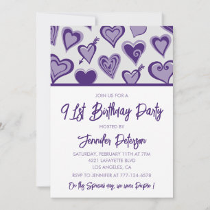 Lila Hearts Girly 91. Geburtstag Einladung