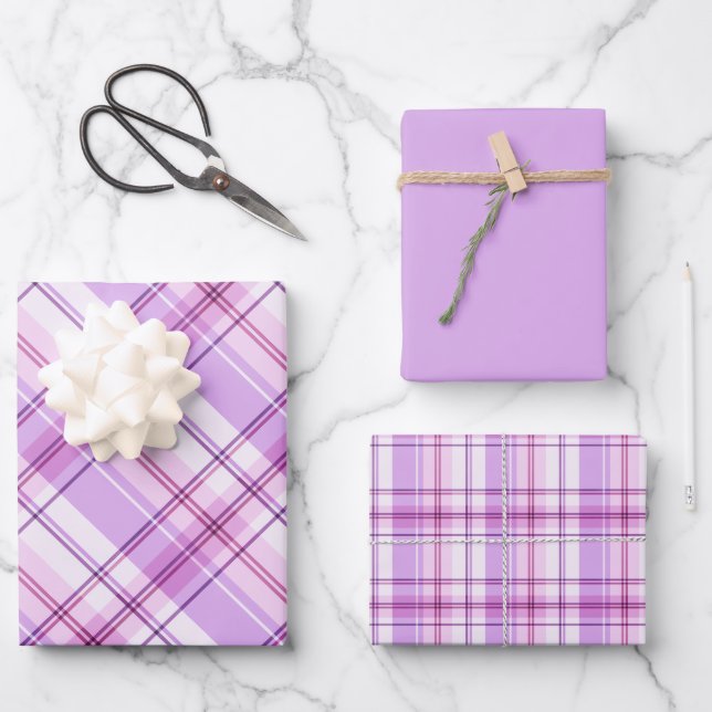 Lila, Hellrosa und Weiß Kariert Geschenkpapier Set (Vorderseite)