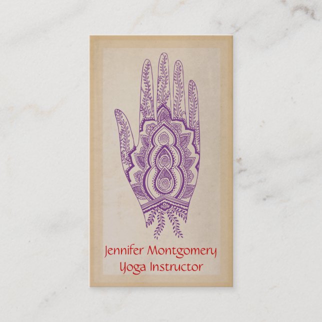 Lila Henna Hand Yoga Instructor Business Card Visitenkarte (Vorderseite)