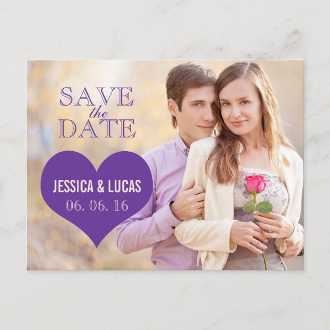 LILA HERZ-FOTO SAVE THE DATE ANKÜNDIGUNGSPOSTKARTE (Vorderseite)