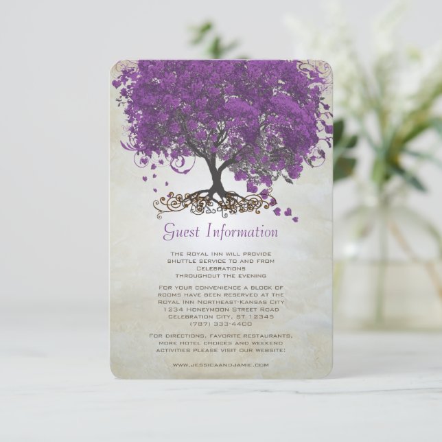 Lila Herz-Leaf Tree Hochzeitskarte Begleitkarte (Stehend Vorderseite)