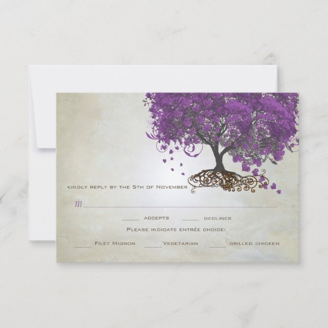 Lila Herz Leaf Tree Wedding Einladungen (Vorderseite)