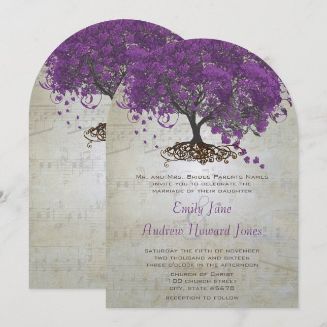 Lila Herz Leaf Tree Wedding Einladungen (Vorne/Hinten)