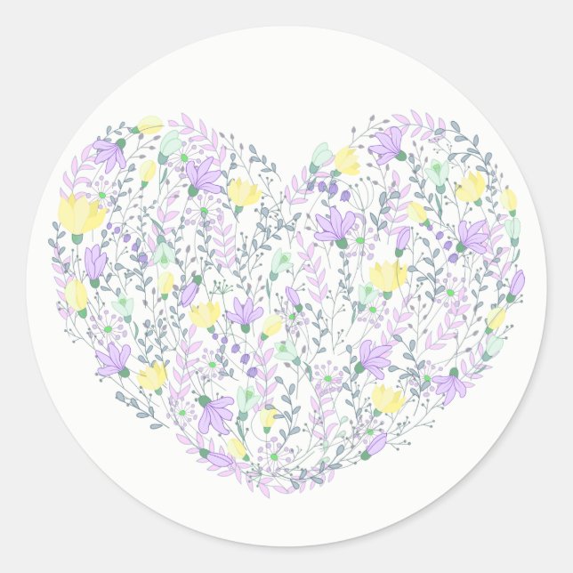 Lila Herz mit Lavendel Blume Hochzeit Runder Aufkleber (Vorderseite)