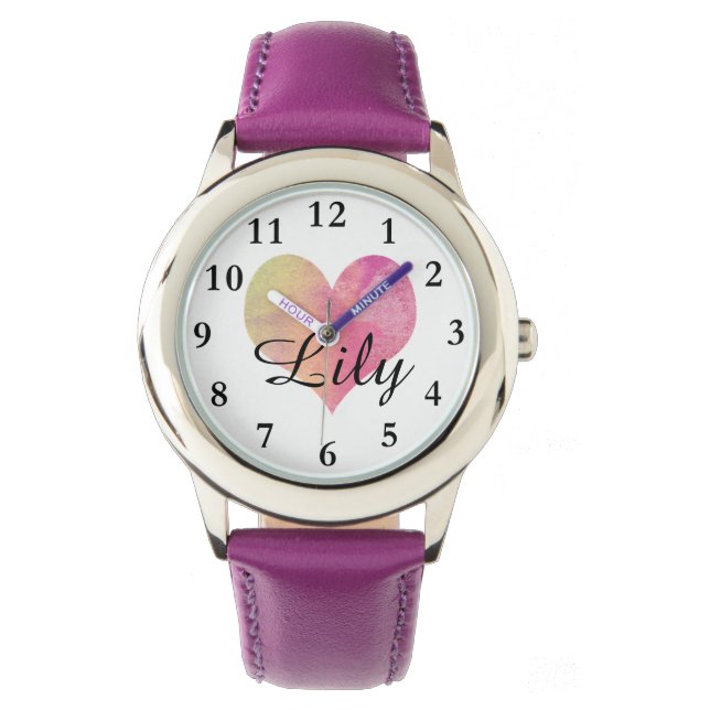 Lila Herz mit Mädchenname Kinderuhr Armbanduhr (Vorderseite)
