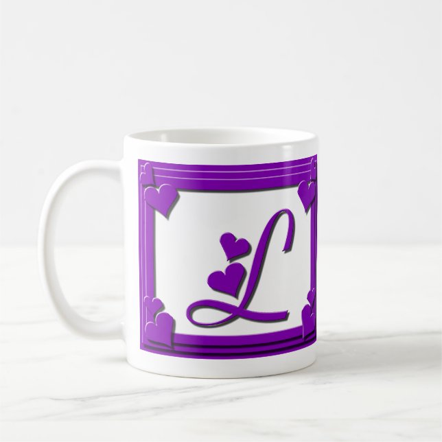 Lila Herz-Rahmen-Monogramm-Buchstabe L Kaffeetasse (Links)
