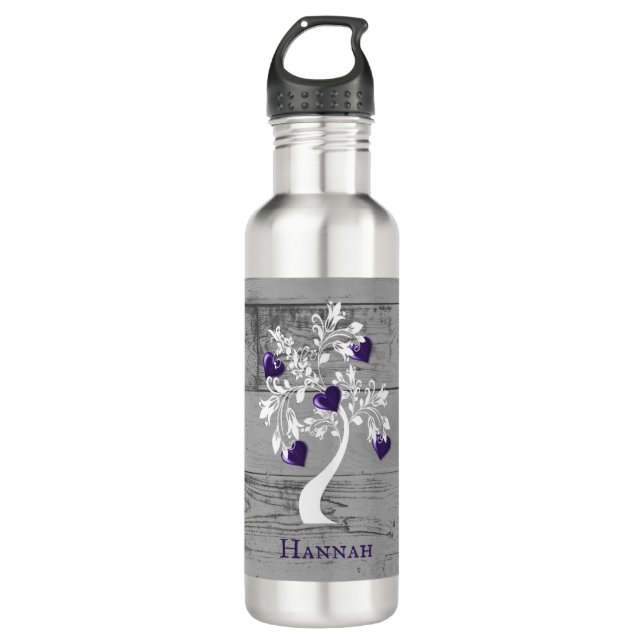 Lila Herzbaum Personalisiert Edelstahlflasche (Vorderseite)