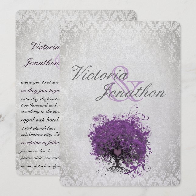 Lila Herzblatt Tree Hochzeitseinladungen Einladung (Vorne/Hinten)