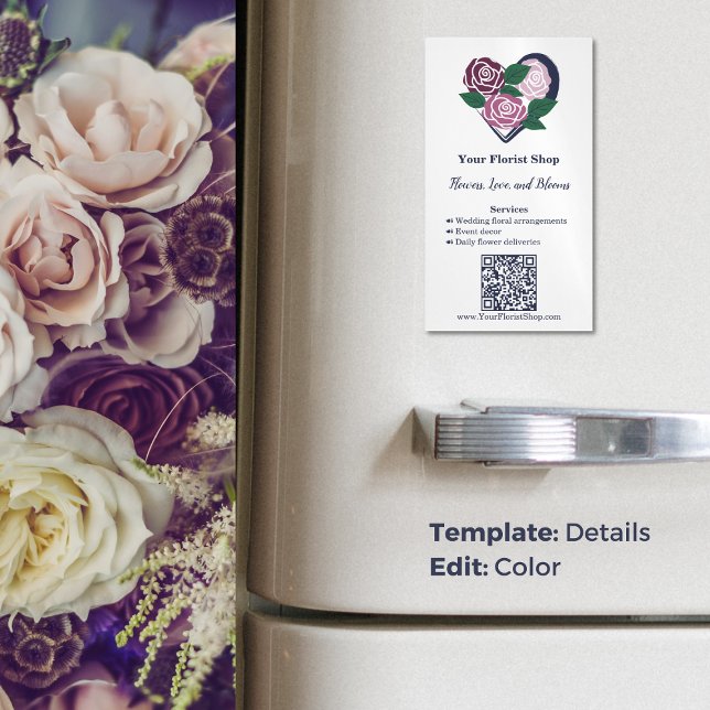 🌷 Lila Herzblut Florist Business Card Magnet (🌷Purple Heart Blooms Florist Business Card Magnet, Florist Shop, Tagline, Services, QR code, www)